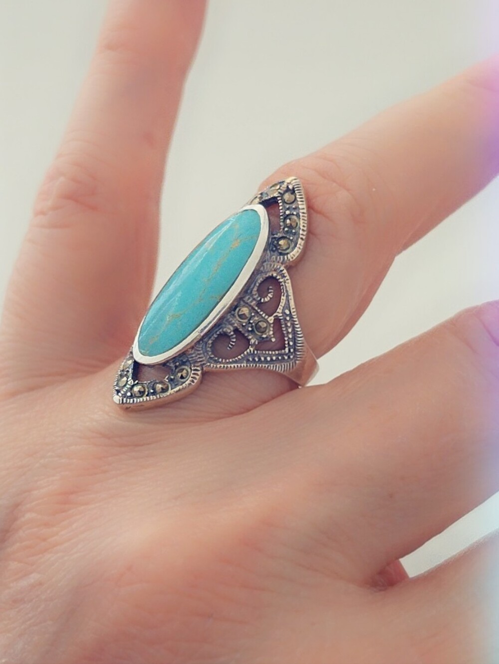 Estate Marcasite & Turquoise Gemstone Ring Sterling Silver 925